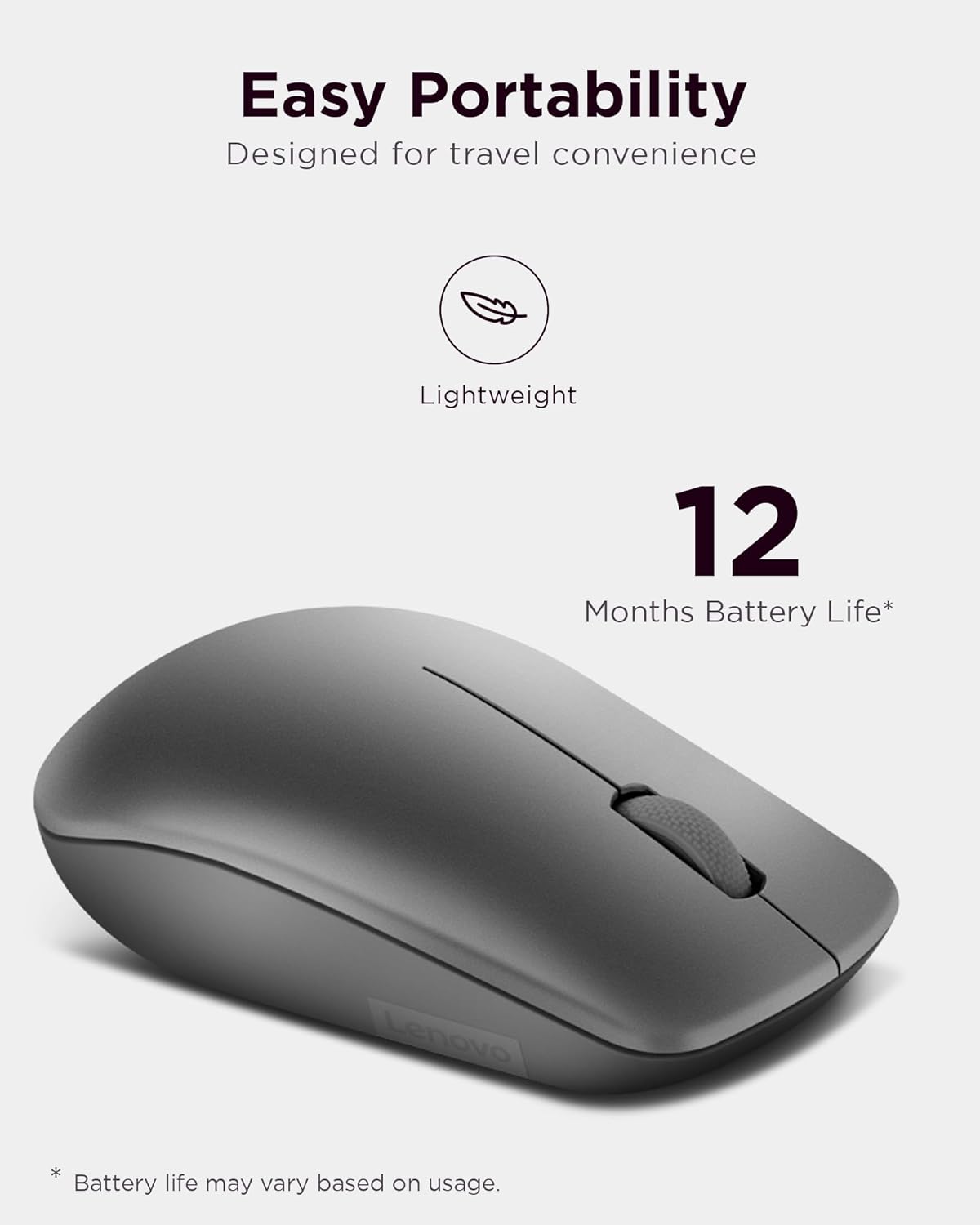 Lenovo 530 Mouse wireless - Sensore ottico 1200 dpi, design ambidestro, 2,4 GHz, 3 tasti, batteria fino a 12 mesi - Colore grafite