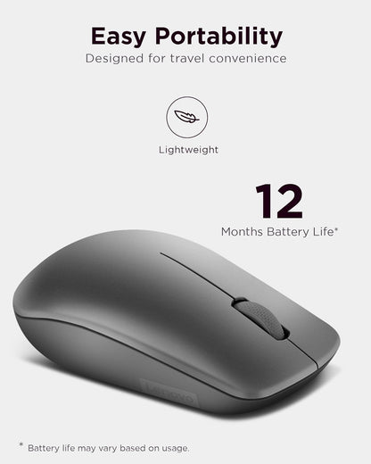 Lenovo 530 Mouse wireless - Sensore ottico 1200 dpi, design ambidestro, 2,4 GHz, 3 tasti, batteria fino a 12 mesi - Colore grafite