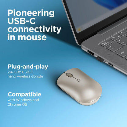 Lenovo 540 Mouse Wireless Compatto con Ricevitore USB-C, Ambidestro, fino a 2400 DPI, Portatile per Laptop e PC, sabbia