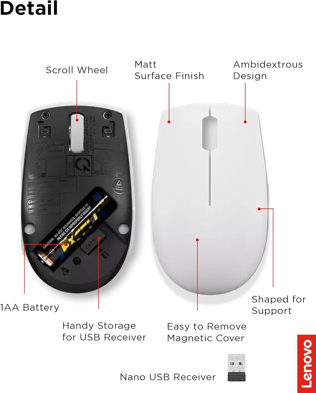 Lenovo 300 Mouse Wireless Compatto, Sensore Ottico 1000 DPI, 2,4 GHz, Ambidestro, Portatile per Laptop e PC, Cloud Grey