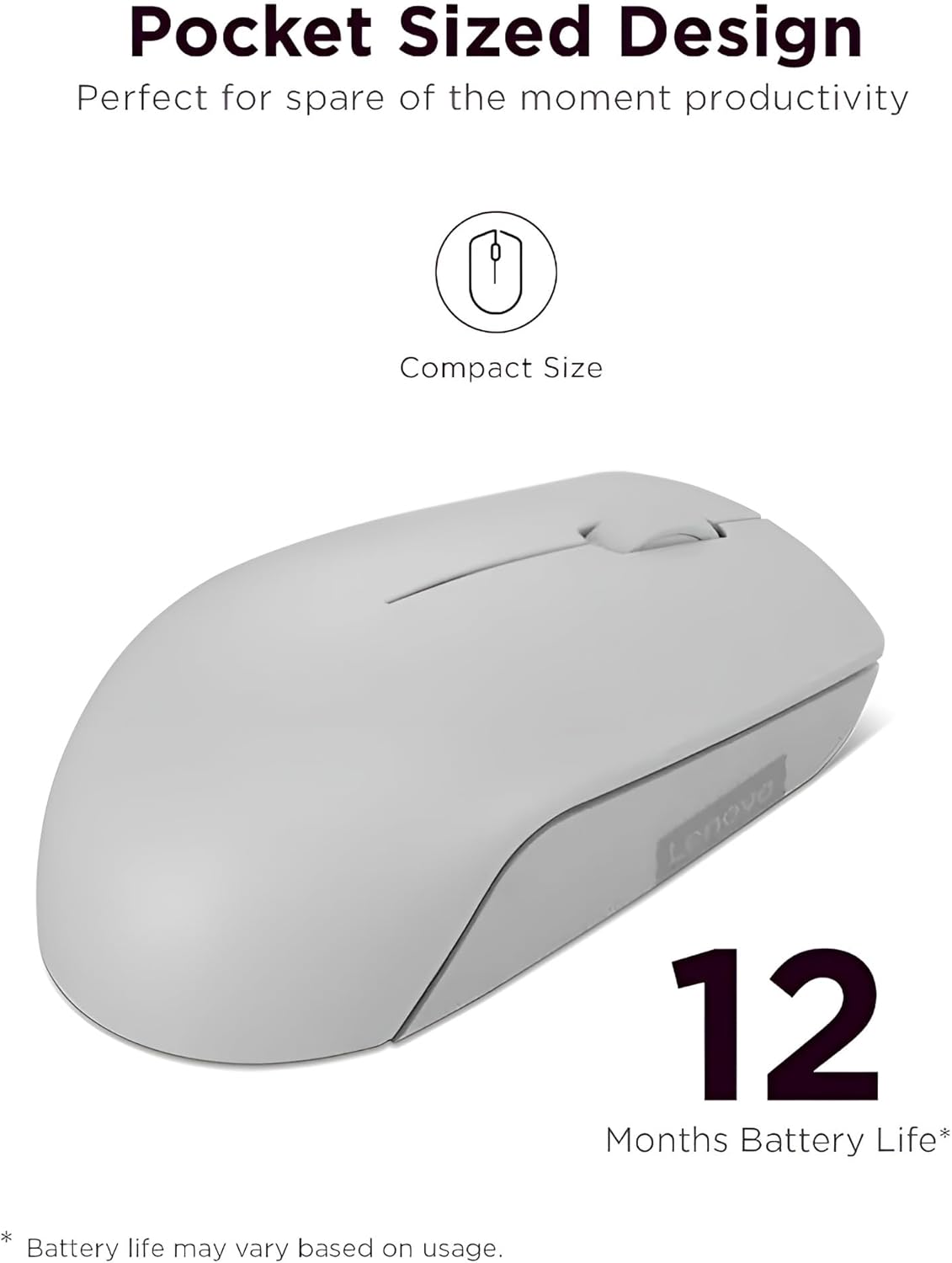 Lenovo 300 Mouse Wireless Compatto, Sensore Ottico 1000 DPI, 2,4 GHz, Ambidestro, Portatile per Laptop e PC, Arctic Grey
