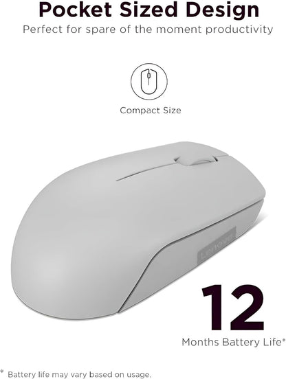 Lenovo 300 Mouse Wireless Compatto, Sensore Ottico 1000 DPI, 2,4 GHz, Ambidestro, Portatile per Laptop e PC, Arctic Grey
