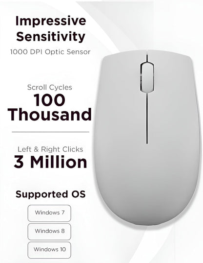 Lenovo 300 Mouse Wireless Compatto, Sensore Ottico 1000 DPI, 2,4 GHz, Ambidestro, Portatile per Laptop e PC, Arctic Grey