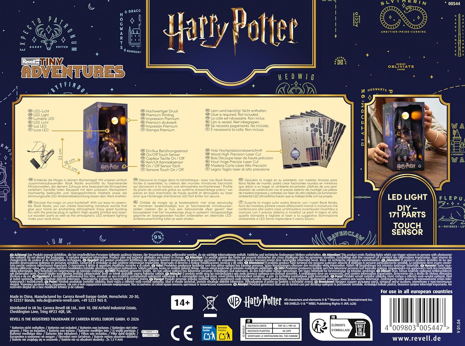 Revell Tiny Adventures Hogwarts Castle | Harry Potter Book Nook Holzbausatz mit LED Beleuchtung | 23 cm Diorama für Bücherregal | lasergeschnittenes Stecksystem | Geschenk für Potterheads
