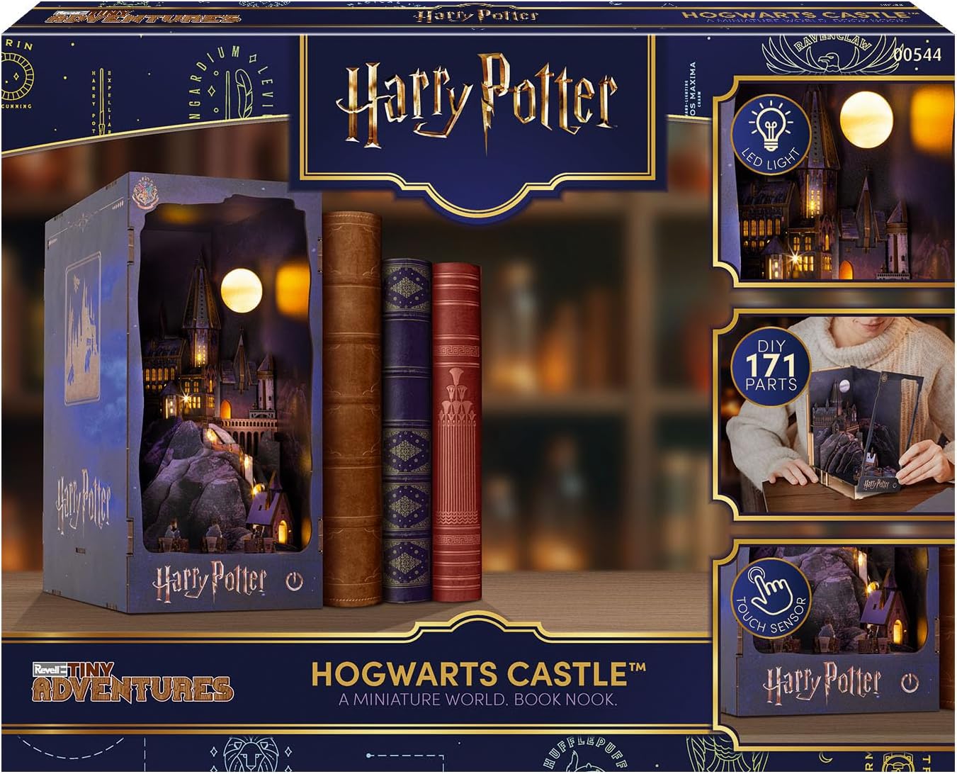 Revell Tiny Adventures Hogwarts Castle | Harry Potter Book Nook Holzbausatz mit LED Beleuchtung | 23 cm Diorama für Bücherregal | lasergeschnittenes Stecksystem | Geschenk für Potterheads