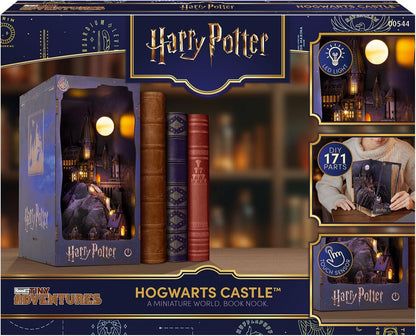 Revell Tiny Adventures Hogwarts Castle | Harry Potter Book Nook Holzbausatz mit LED Beleuchtung | 23 cm Diorama für Bücherregal | lasergeschnittenes Stecksystem | Geschenk für Potterheads