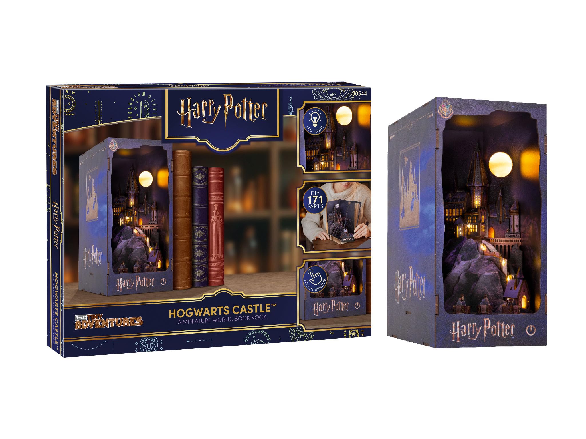 Revell Tiny Adventures Hogwarts Castle | Harry Potter Book Nook Holzbausatz mit LED Beleuchtung | 23 cm Diorama für Bücherregal | lasergeschnittenes Stecksystem | Geschenk für Potterheads