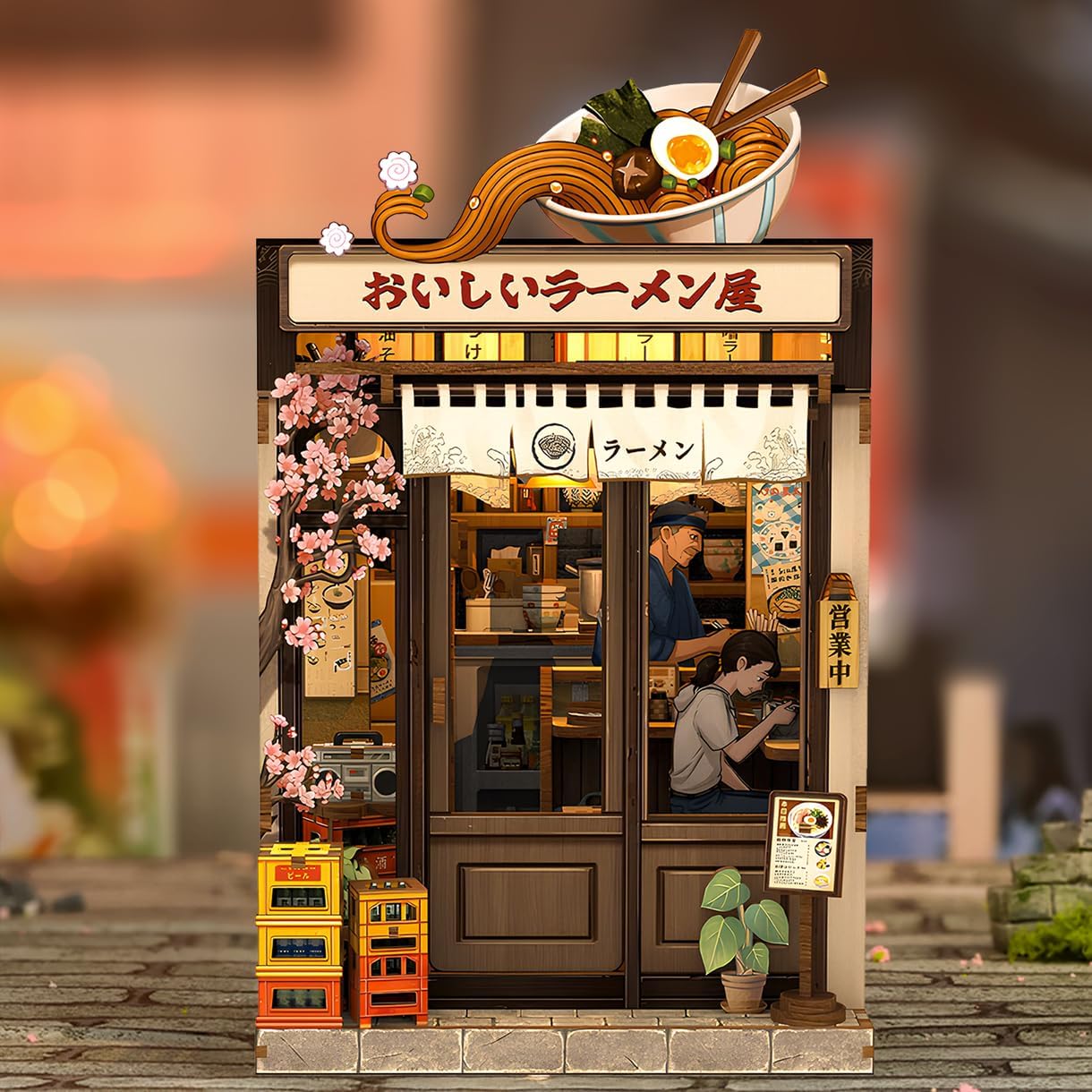 Book Nook DIY Oishii Kyoto - Japanisches Miniatur Set mit LED - Ramen Shop zum Bauen - Premium Bücherregal Dekoration - Originelle Geschenkidee