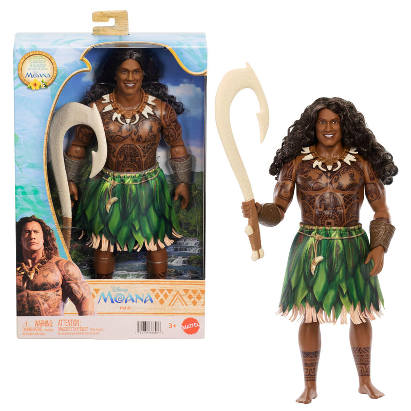 Mattel Disney Moana Toys, Maui Doll with Removable Fashion, Curly Hair, Fishhook & 3 Accessories, Posable & Collectible, Inspired by Live Action Movie, JLP17