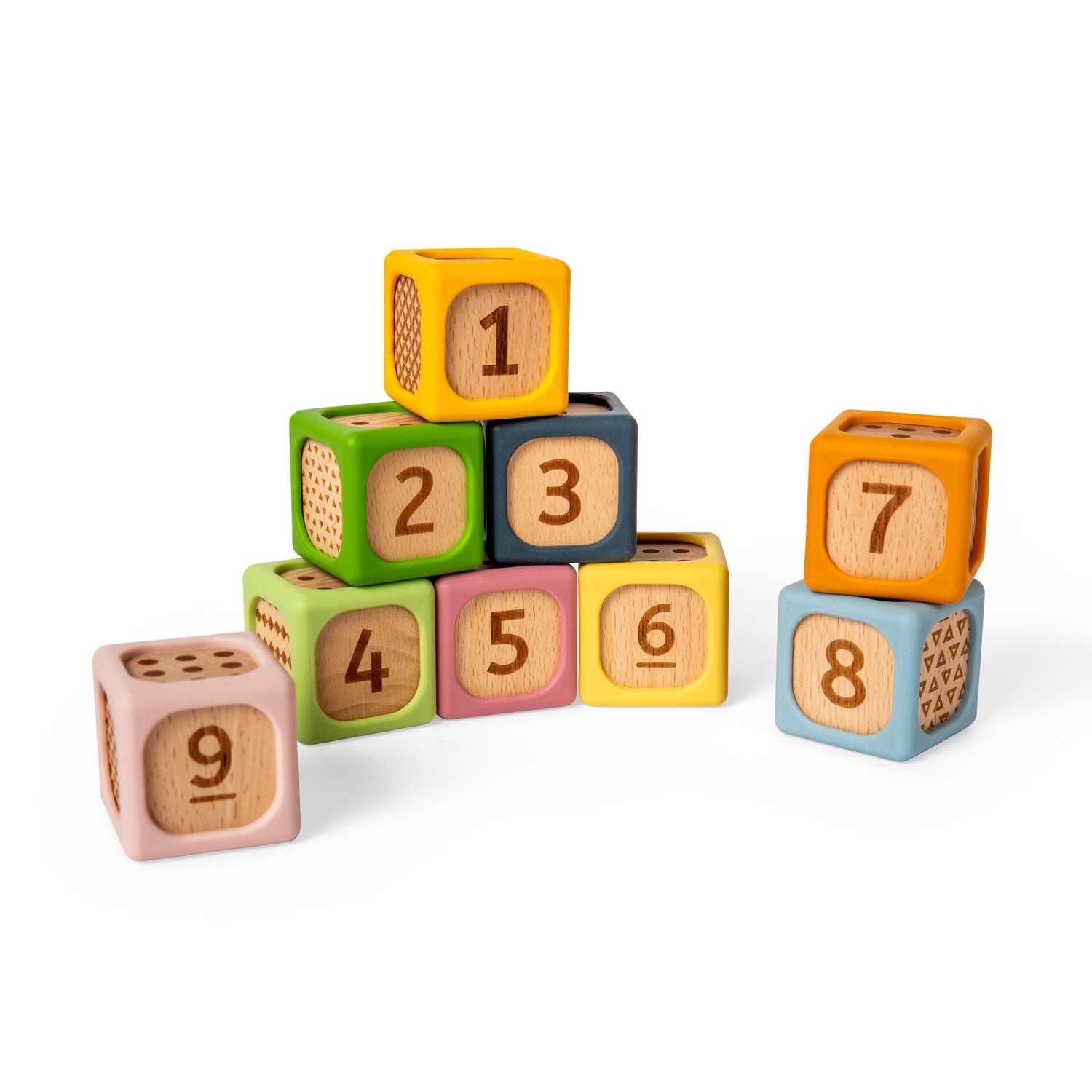 Bigjigs Toys Zachte sorteerblokken | Siliconen en houten babyblokset | Montessori stapelkubussen voor baby's | Zachte bouwkubussets met cijfers | Vroeg leren stapelspeelgoedset voor kinderen vanaf 6