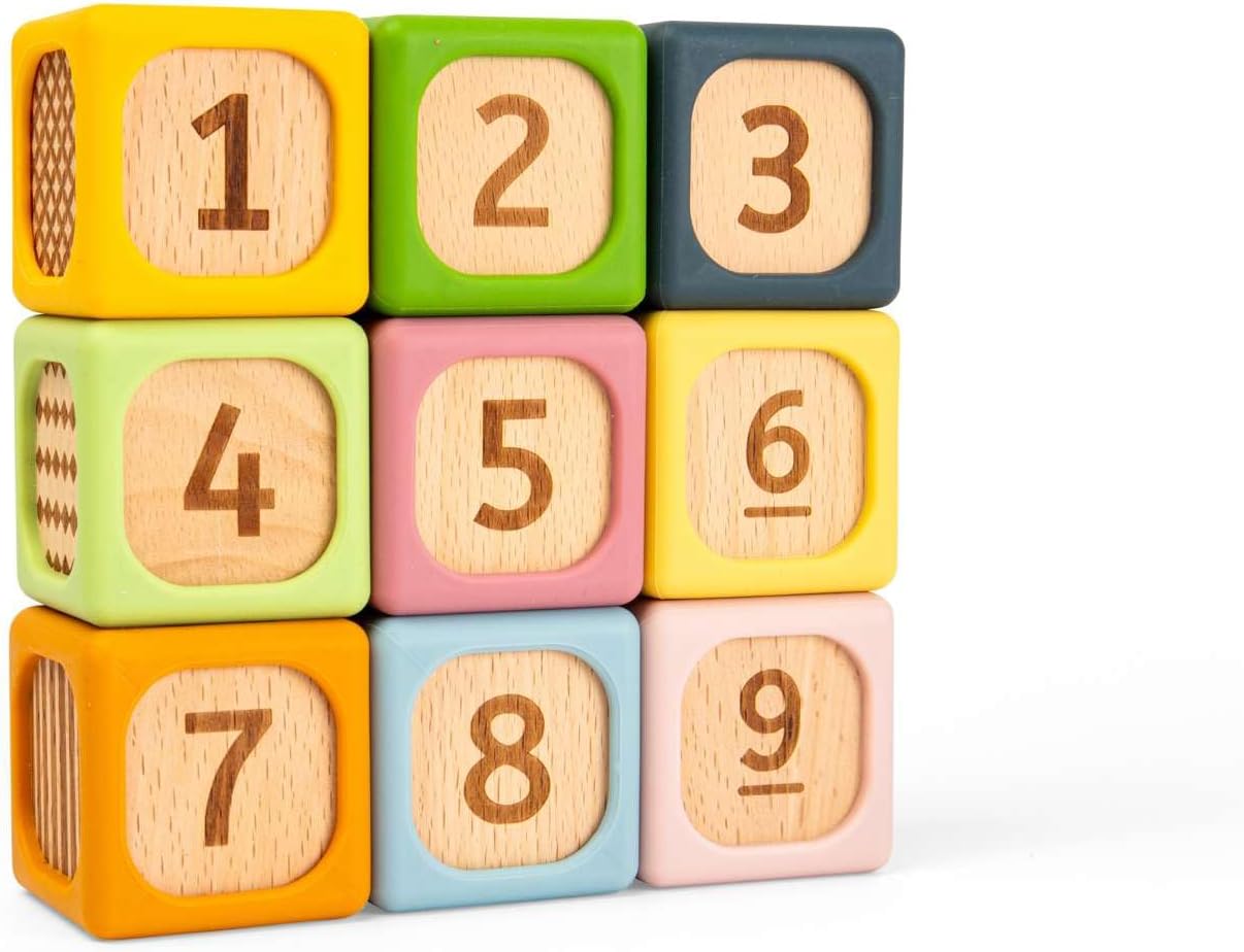 Bigjigs Toys Zachte sorteerblokken | Siliconen en houten babyblokset | Montessori stapelkubussen voor baby's | Zachte bouwkubussets met cijfers | Vroeg leren stapelspeelgoedset voor kinderen vanaf 6