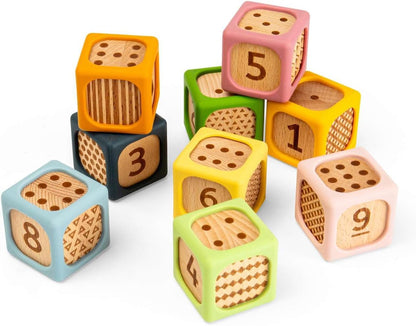 Bigjigs Toys Zachte sorteerblokken | Siliconen en houten babyblokset | Montessori stapelkubussen voor baby's | Zachte bouwkubussets met cijfers | Vroeg leren stapelspeelgoedset voor kinderen vanaf 6