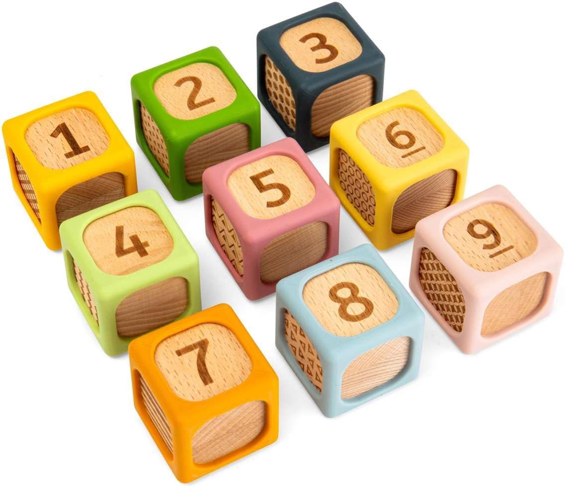 Bigjigs Toys Zachte sorteerblokken | Siliconen en houten babyblokset | Montessori stapelkubussen voor baby's | Zachte bouwkubussets met cijfers | Vroeg leren stapelspeelgoedset voor kinderen vanaf 6