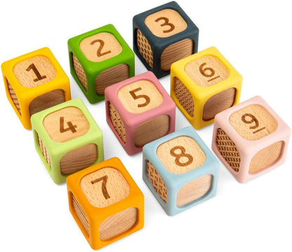 Bigjigs Toys Zachte sorteerblokken | Siliconen en houten babyblokset | Montessori stapelkubussen voor baby's | Zachte bouwkubussets met cijfers | Vroeg leren stapelspeelgoedset voor kinderen vanaf 6