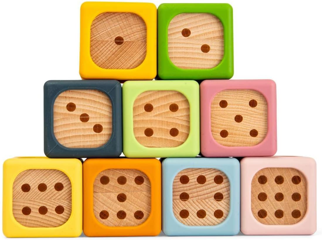 Bigjigs Toys Zachte sorteerblokken | Siliconen en houten babyblokset | Montessori stapelkubussen voor baby's | Zachte bouwkubussets met cijfers | Vroeg leren stapelspeelgoedset voor kinderen vanaf 6