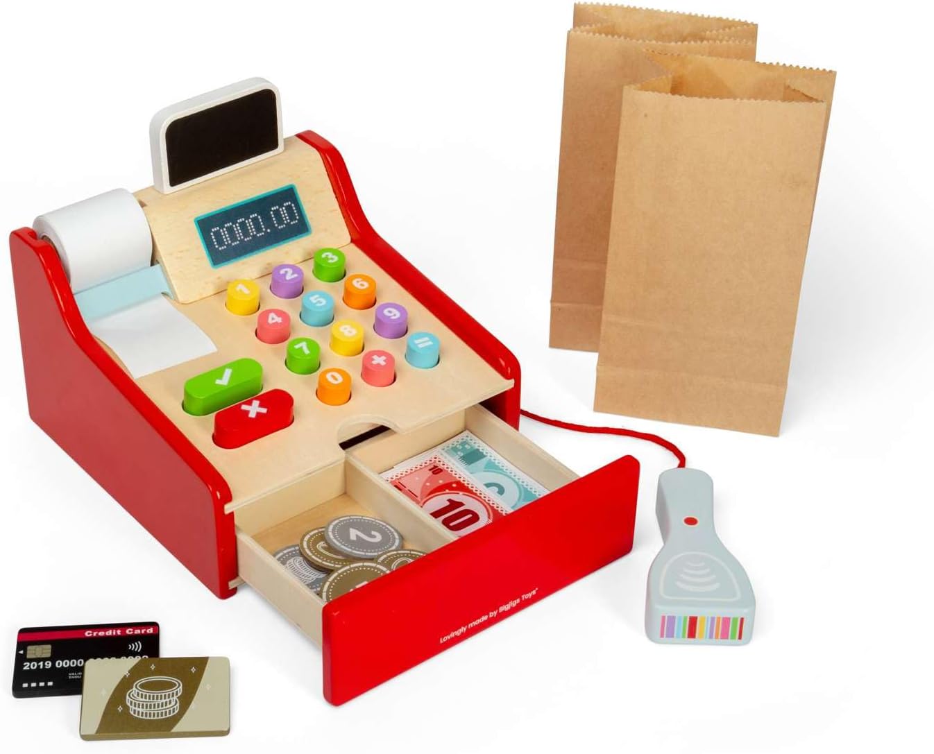 Bigjigs Toys Winkel tot | Houten kassa voor kinderen | Pretend Play Tills met scanner, geld en kaart | Accessoires voor rollenspelsupermarkt | Educatief speelgoed voor kinderen van 3 jaar oud