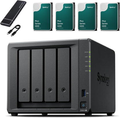 Synology DS925+ NAS Server Bundle 4 Bay (8GB RAM, 32TB HDD) - 4 x 8TB Synology NAS HDDs, High Performance Desktop Network Storage Device - Includes External 512GB SSD for Backup