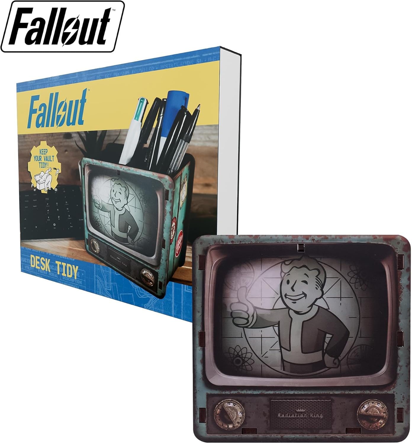 FaNaTtik Fallout Schreibtisch Organizer - Offiziell Lizenzierter Vault-Tec Retro TV Stiftehalter mit Vault Boy - MDF Schreibtisch Tidy für Gaming oder Büro Einrichtung