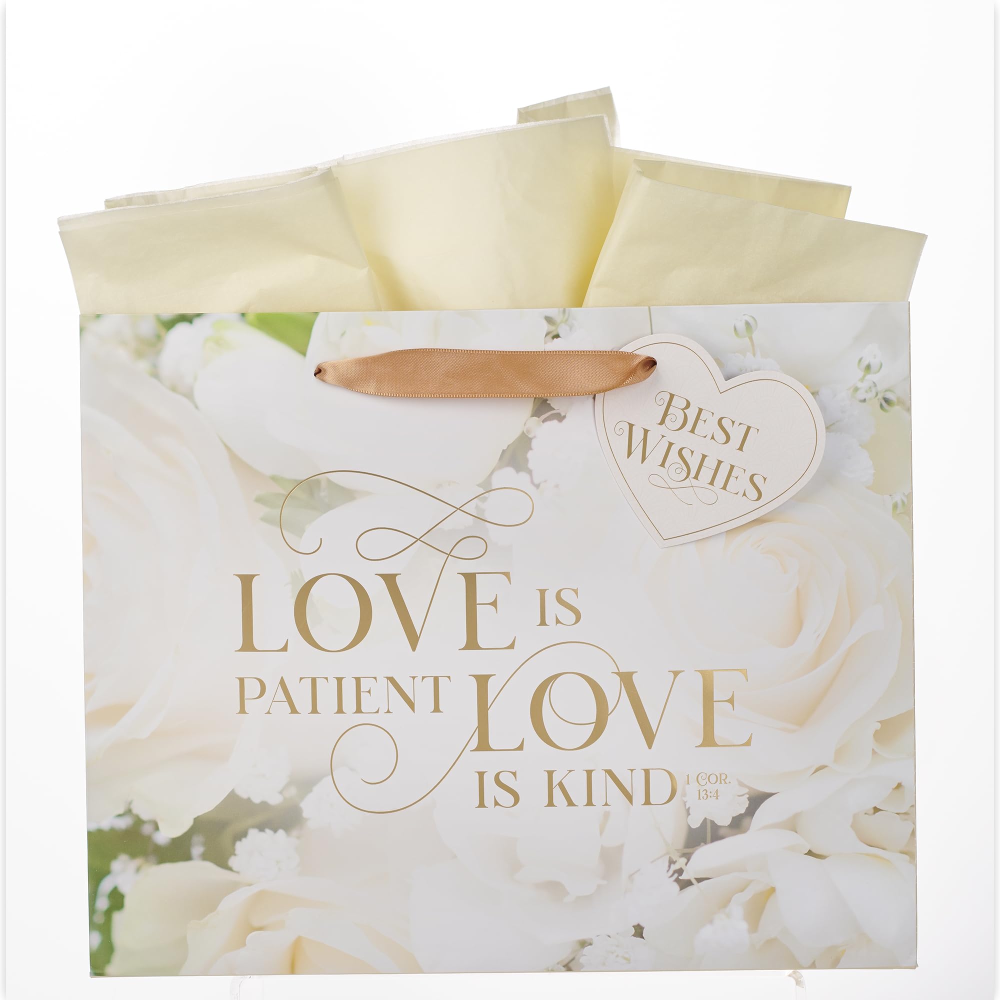 Christian Art Gifts Large Landscape Inspirational Scripture Gift Bag, Tag & Tissue Wrapping Paper Set for Wedding Presents: Love is Kind Encouraging Bible Verse, Satin Ribbon Handles, Beige Floral