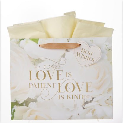 Christian Art Gifts Large Landscape Inspirational Scripture Gift Bag, Tag & Tissue Wrapping Paper Set for Wedding Presents: Love is Kind Encouraging Bible Verse, Satin Ribbon Handles, Beige Floral