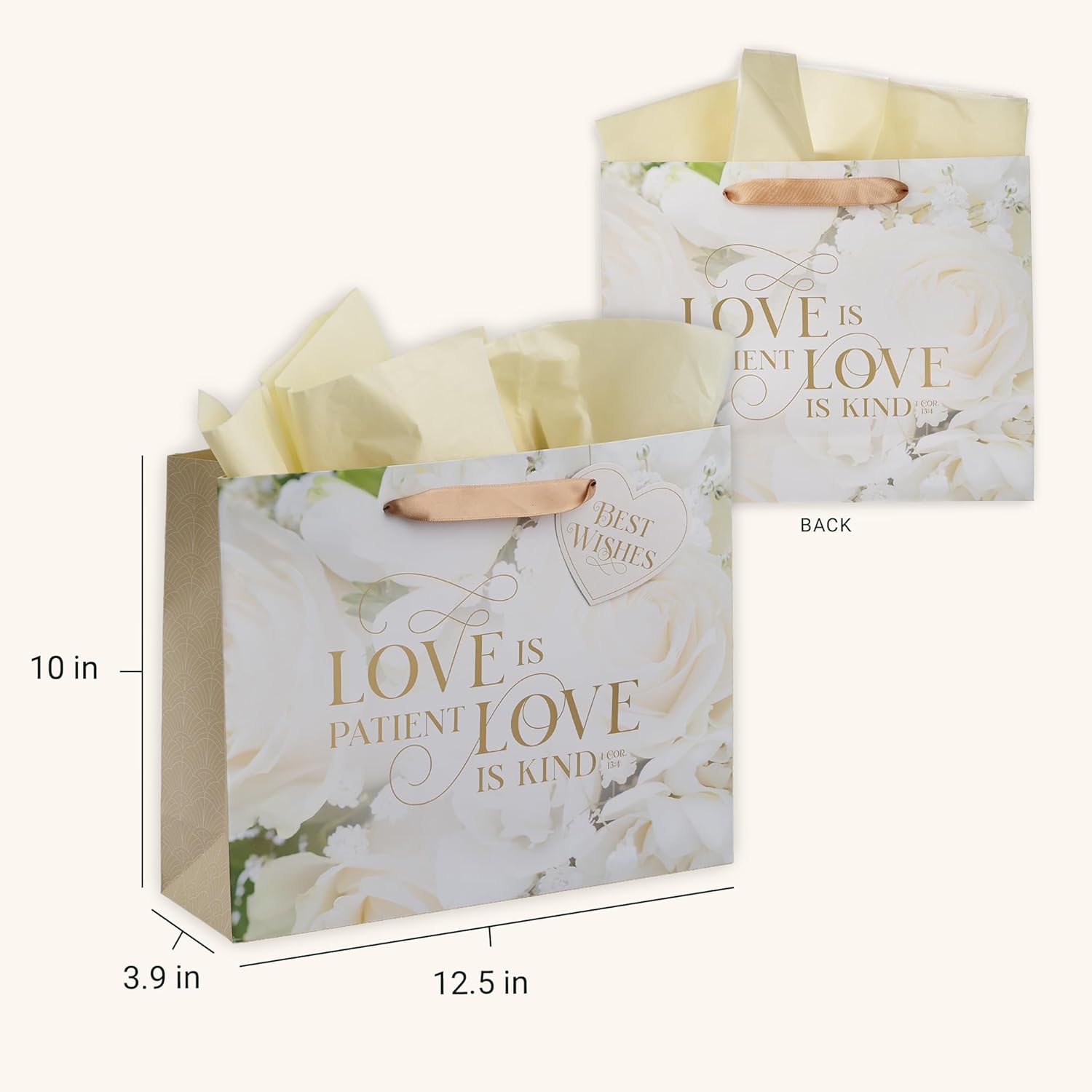 Christian Art Gifts Large Landscape Inspirational Scripture Gift Bag, Tag & Tissue Wrapping Paper Set for Wedding Presents: Love is Kind Encouraging Bible Verse, Satin Ribbon Handles, Beige Floral