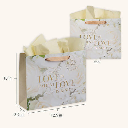 Christian Art Gifts Large Landscape Inspirational Scripture Gift Bag, Tag & Tissue Wrapping Paper Set for Wedding Presents: Love is Kind Encouraging Bible Verse, Satin Ribbon Handles, Beige Floral