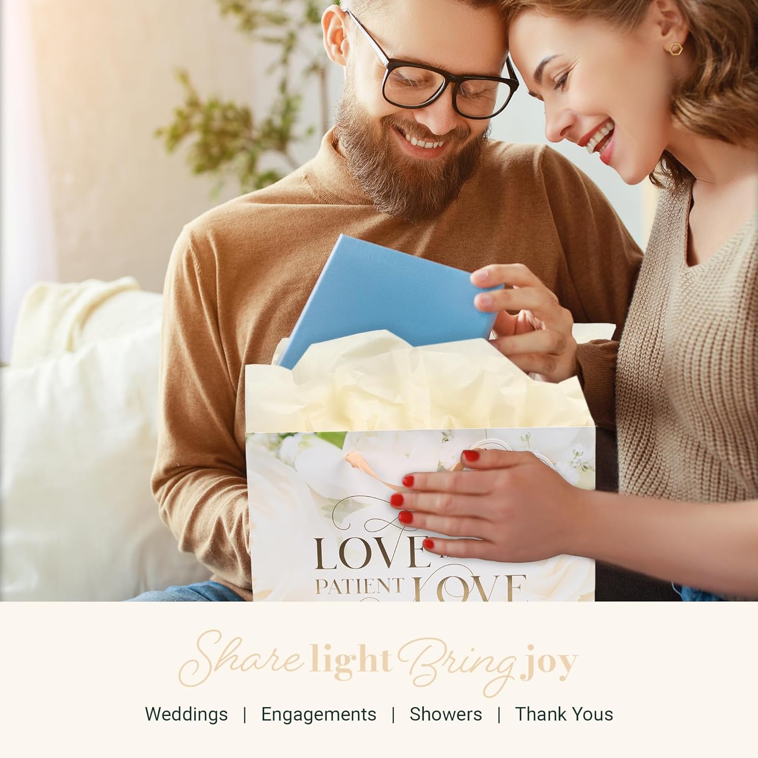 Christian Art Gifts Large Landscape Inspirational Scripture Gift Bag, Tag & Tissue Wrapping Paper Set for Wedding Presents: Love is Kind Encouraging Bible Verse, Satin Ribbon Handles, Beige Floral