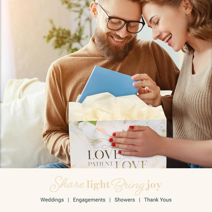 Christian Art Gifts Large Landscape Inspirational Scripture Gift Bag, Tag & Tissue Wrapping Paper Set for Wedding Presents: Love is Kind Encouraging Bible Verse, Satin Ribbon Handles, Beige Floral