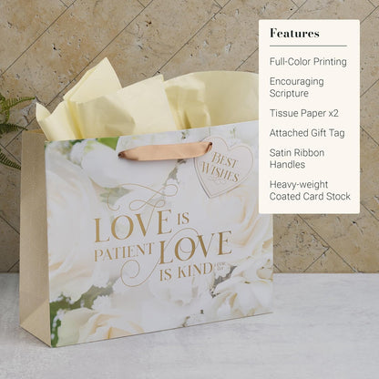 Christian Art Gifts Large Landscape Inspirational Scripture Gift Bag, Tag & Tissue Wrapping Paper Set for Wedding Presents: Love is Kind Encouraging Bible Verse, Satin Ribbon Handles, Beige Floral