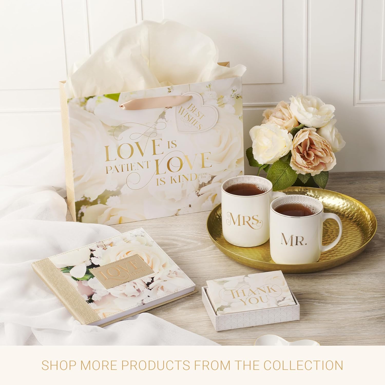 Christian Art Gifts Large Landscape Inspirational Scripture Gift Bag, Tag & Tissue Wrapping Paper Set for Wedding Presents: Love is Kind Encouraging Bible Verse, Satin Ribbon Handles, Beige Floral