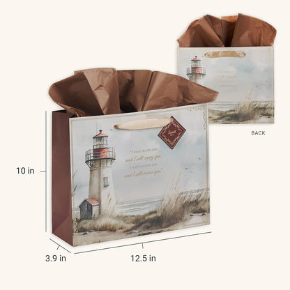 Christian Art Gifts Large Landscape Gift Bag & Tissue Set for Men & Women: I Will Carry You Inspirational Scripture, Scenic Lighthouse Multicolor, Satin Handles