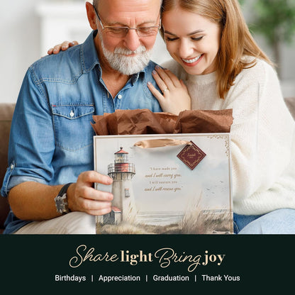 Christian Art Gifts Large Landscape Gift Bag & Tissue Set for Men & Women: I Will Carry You Inspirational Scripture, Scenic Lighthouse Multicolor, Satin Handles