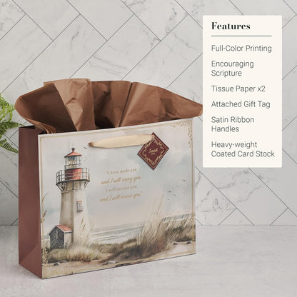 Christian Art Gifts Large Landscape Gift Bag & Tissue Set for Men & Women: I Will Carry You Inspirational Scripture, Scenic Lighthouse Multicolor, Satin Handles
