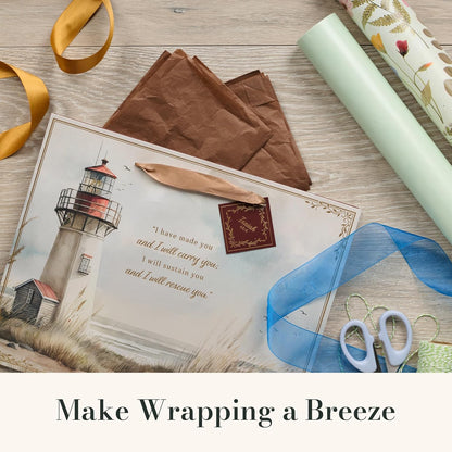 Christian Art Gifts Large Landscape Gift Bag & Tissue Set for Men & Women: I Will Carry You Inspirational Scripture, Scenic Lighthouse Multicolor, Satin Handles