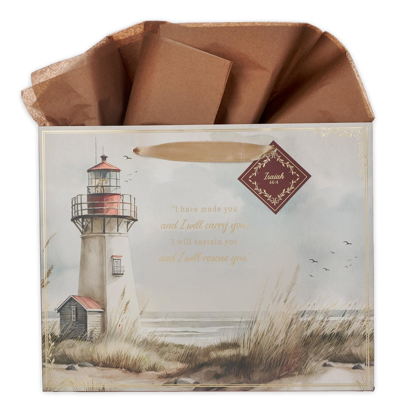 Christian Art Gifts Large Landscape Gift Bag & Tissue Set for Men & Women: I Will Carry You Inspirational Scripture, Scenic Lighthouse Multicolor, Satin Handles
