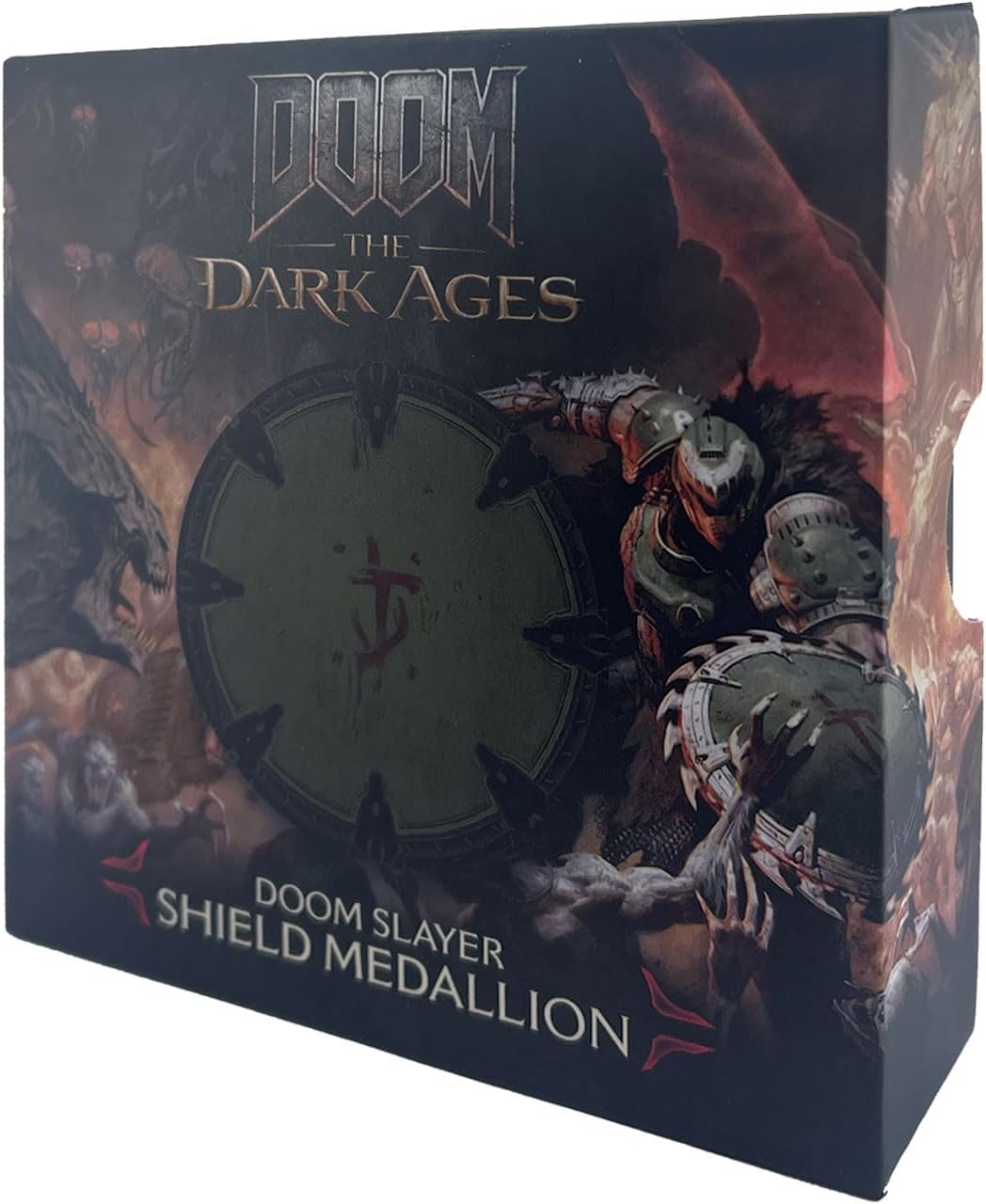 FaNaTtik DOOM: Medaglione con sega a scudo del Medioevo e biglietto d'arte, edizione limitata da collezione (licenza ufficiale, numerato individualmente, diametro 85 mm, include espositore