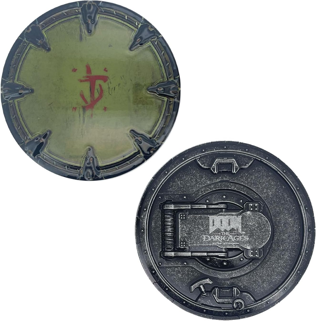 FaNaTtik DOOM: Medaglione con sega a scudo del Medioevo e biglietto d'arte, edizione limitata da collezione (licenza ufficiale, numerato individualmente, diametro 85 mm, include espositore