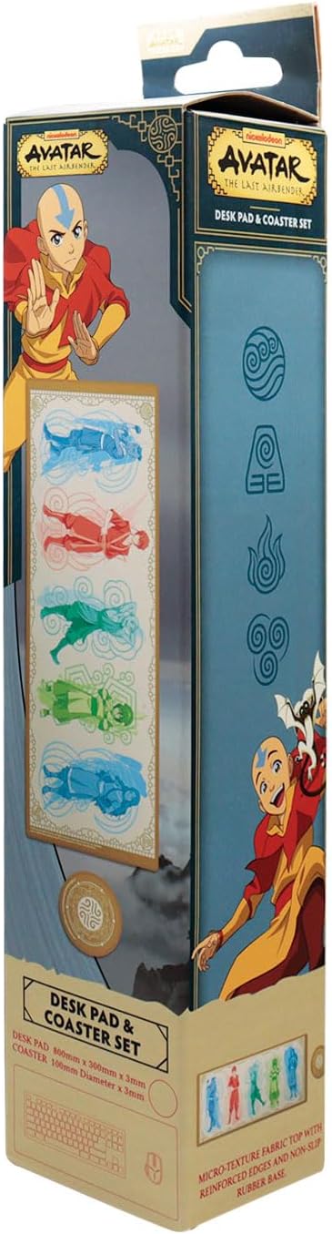 Avatar: The Last Airbender Elements Schreibtischunterlage und Untersetzer-Set – Offizielles großes Gaming-Mauspad, 800 x 300 mm, mit rutschfester Unterseite und verstärkten Kanten