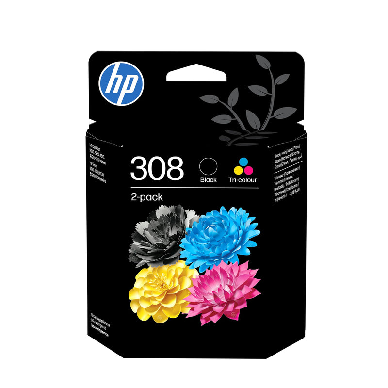 HP 308 Black/Tri-Color Original Ink Cartridge Combo 2-Pack (6L6S6UE) - Works Envy 6110, 6120, 6130, 6520, 6530 series