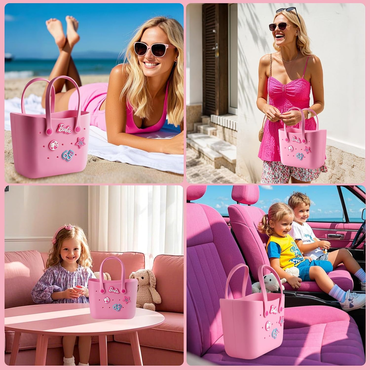 MINISO Barbie Tote Bag, Reusable Small Rubber Waterproof Bag, Cute Design Practical And Portable Handbag for Work Travel