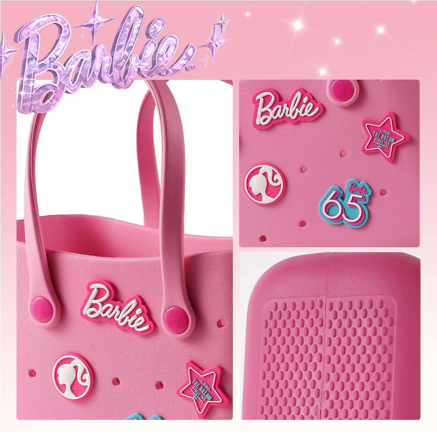 MINISO Barbie Tote Bag, Reusable Small Rubber Waterproof Bag, Cute Design Practical And Portable Handbag for Work Travel