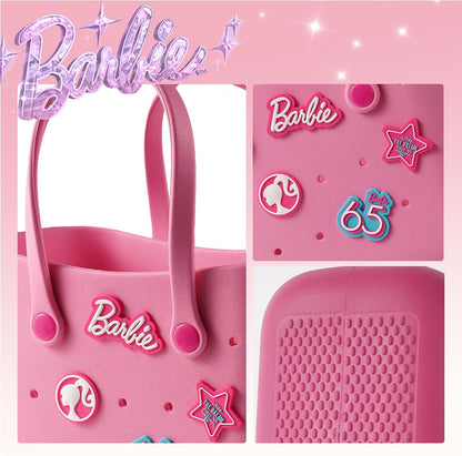 MINISO Barbie Tote Bag, Reusable Small Rubber Waterproof Bag, Cute Design Practical And Portable Handbag for Work Travel
