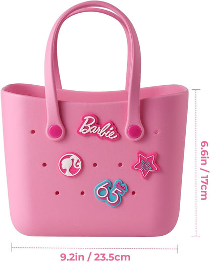 MINISO Barbie Tote Bag, Reusable Small Rubber Waterproof Bag, Cute Design Practical And Portable Handbag for Work Travel