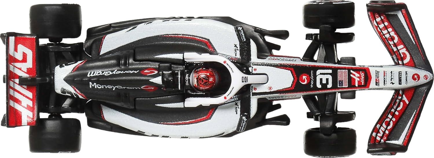 Hot Wheels Premium Formula 1 Toy Cars, 2 1:64 Scale Die-Cast MoneyGram Haas F1 Team Esteban Ocon & Oliver Bearman Racecars with Real Riders Tires, JMM97