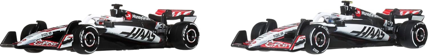 Hot Wheels Premium Formula 1 Toy Cars, 2 1:64 Scale Die-Cast MoneyGram Haas F1 Team Esteban Ocon & Oliver Bearman Racecars with Real Riders Tires, JMM97