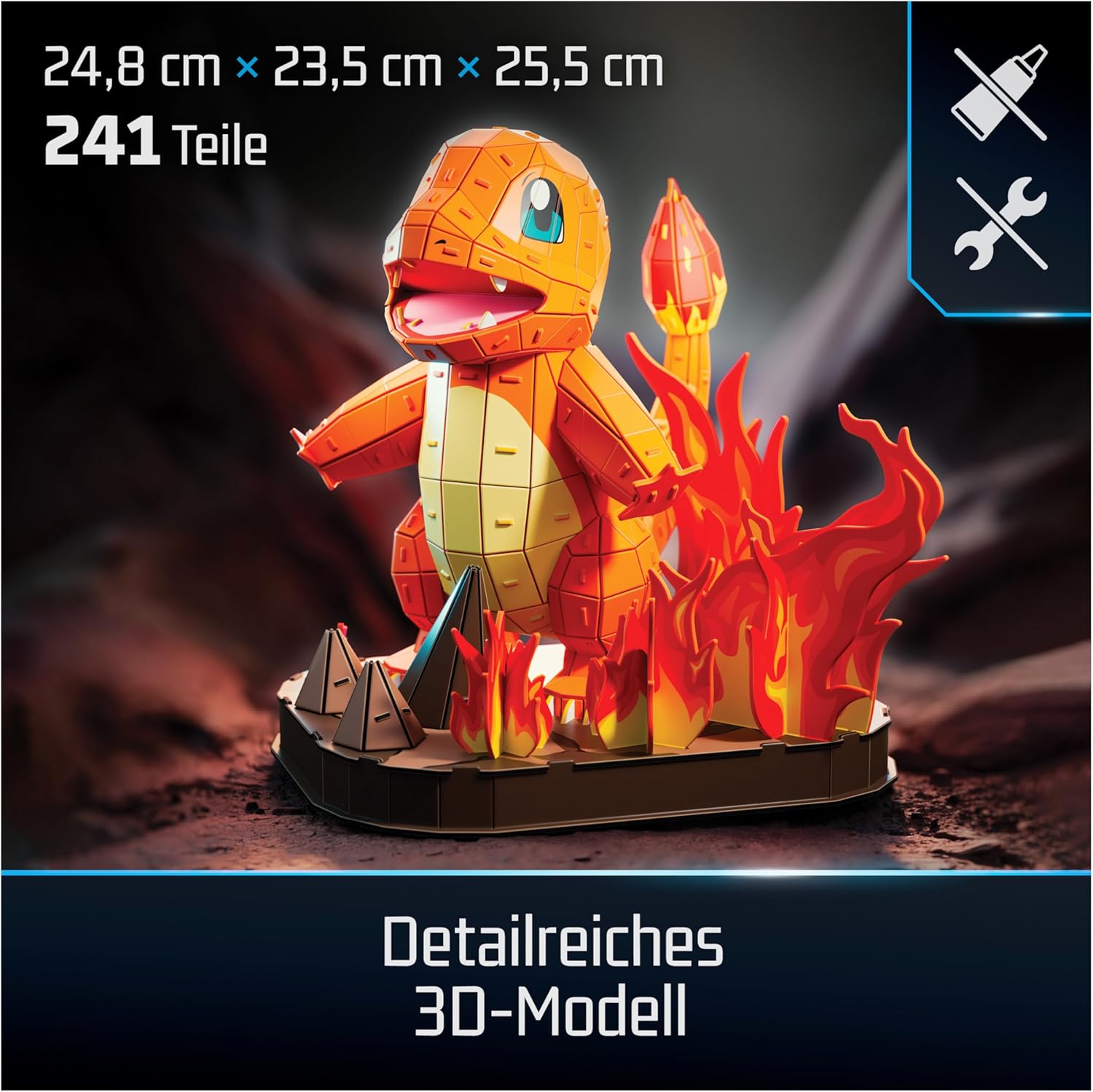 4D Build - Pokémon Glumanda - detailreicher 3D-Modellbausatz aus hochwertigem Karton, 241 Teile, leicht zu Bauen, ab 12 Jahren, Blau