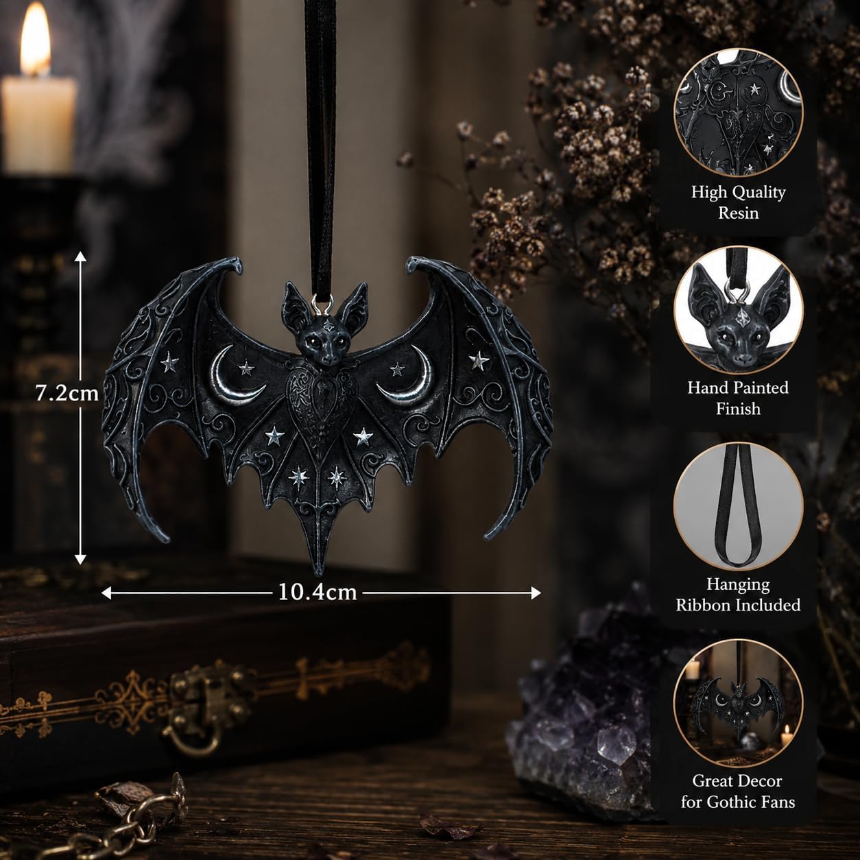 House of Obscura Gothic Hanging Ornament – Resin Dark Fantasy Decoration Collection (Lunar Wing Bat