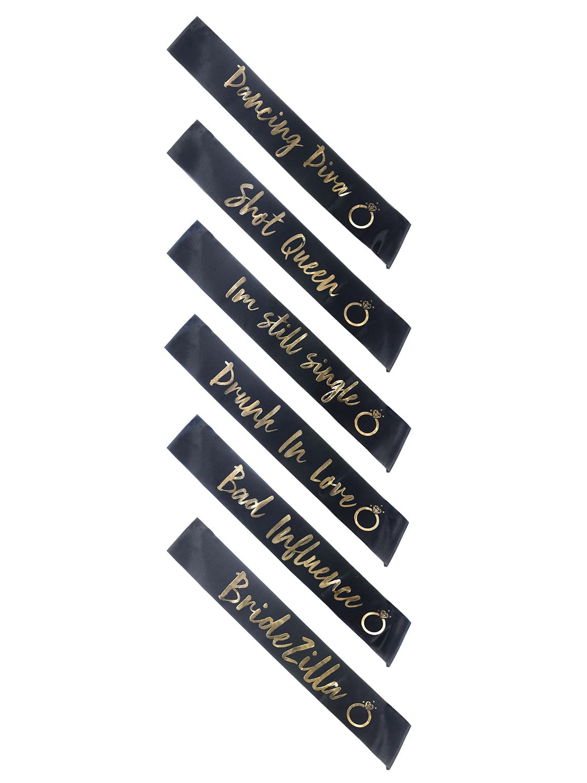 Smiffys Bachelorette Party Sashes Set, Black and Gold, 6 Pieces with Ring Design, Dancing Diva and Bride Squad Collection