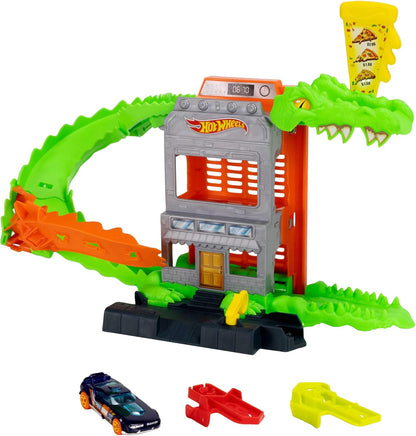 Hot Wheels Spielzeugauto-Trackset, Kroko-Pizza-Attacke Spielset mit Fahrzeug im Maßstab 1:64, die Strecke entlangrasen, um das Krokodil zu besiegen und Nicht als Seine Mahlzeit zu Enden, JHL93