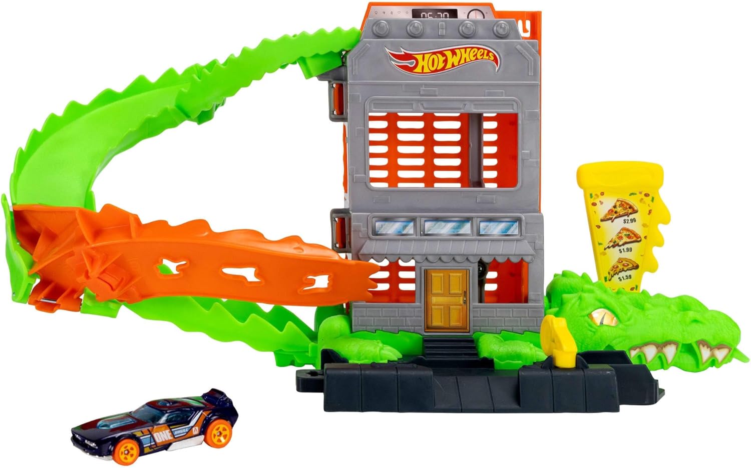 Hot Wheels Spielzeugauto-Trackset, Kroko-Pizza-Attacke Spielset mit Fahrzeug im Maßstab 1:64, die Strecke entlangrasen, um das Krokodil zu besiegen und Nicht als Seine Mahlzeit zu Enden, JHL93